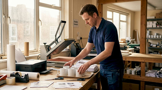 Business owner preparing printing blanks workstation