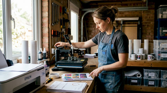 Sublimation business owner with heat press and printer