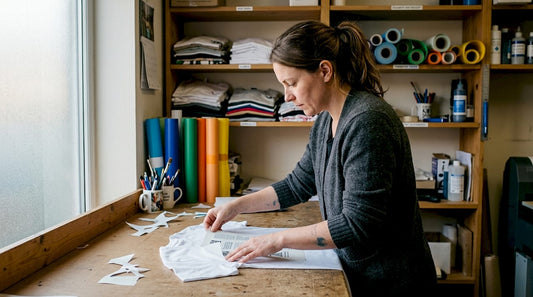 Woman using transfer paper in a print shop