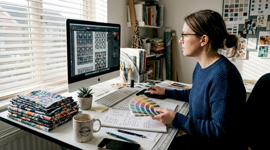 Designer preparing sublimation artwork in home studio