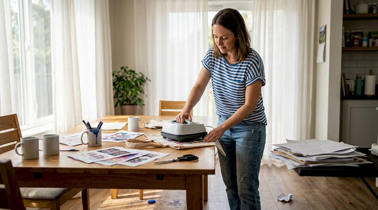 Woman using heat press at home craft table