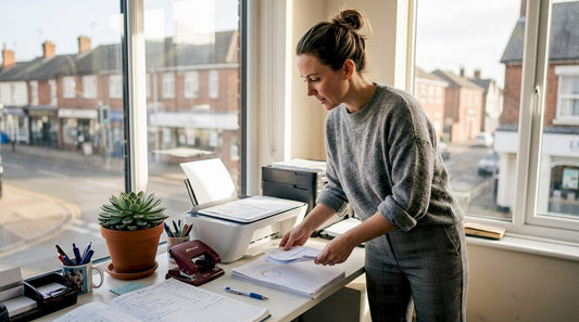 Business owner gathering printed documents at desk