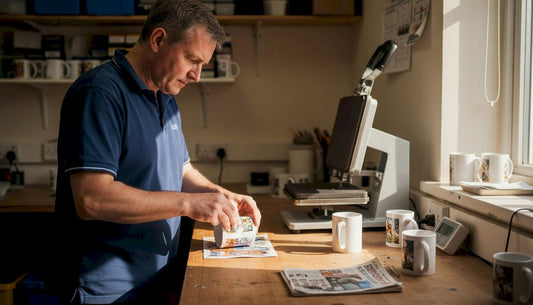 Technician prepping mug for sublimation print