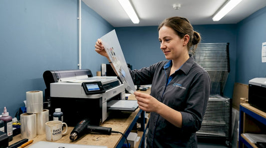 Print technician examining DTF film in studio