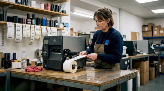 Technician setting up thermal transfer printer