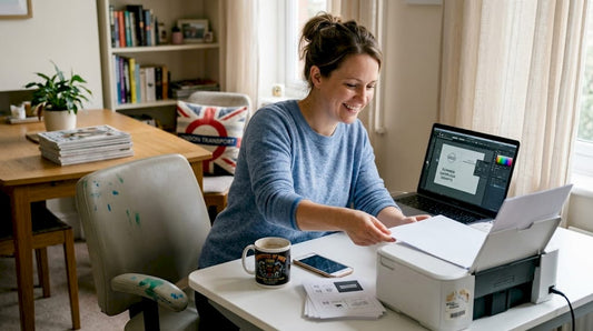 Woman preparing documents at home printing desk
