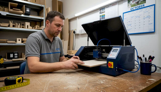 Technician aligning laser engravable blank in workshop