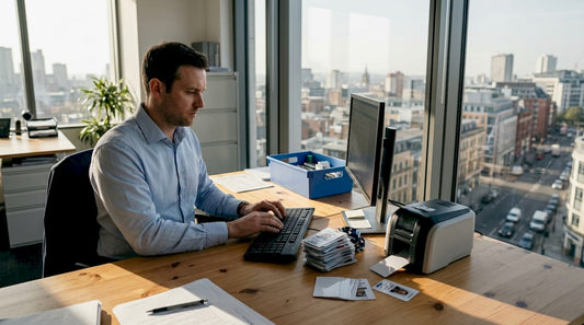 Manager sorting ID badges at office desk