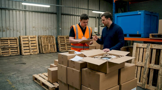 Team reviewing packaging on warehouse dock