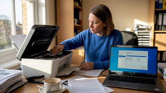 Small business owner troubleshooting desktop printer