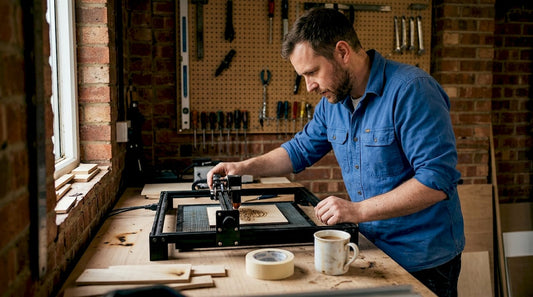 Person engraving wood blank in home workshop