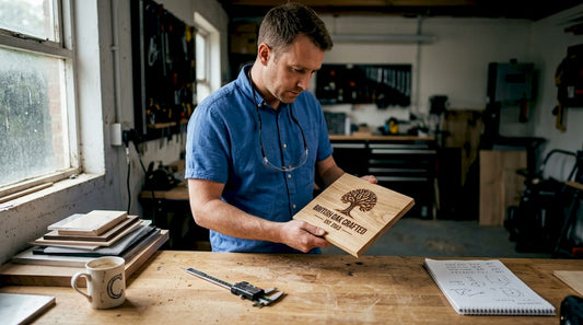 Business owner examining engraved wooden blank
