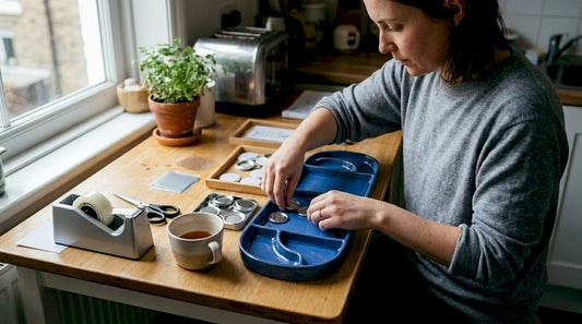 Woman sorting badge making supplies at home table