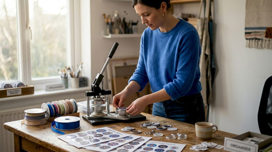 Woman assembling custom badges at craft table