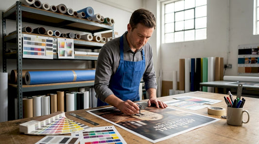 Print technician inspecting merchandising poster