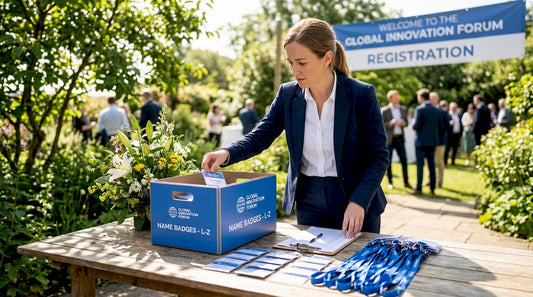 Event coordinator handing out custom name badges