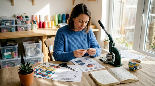 Woman assembling custom badges at kitchen table