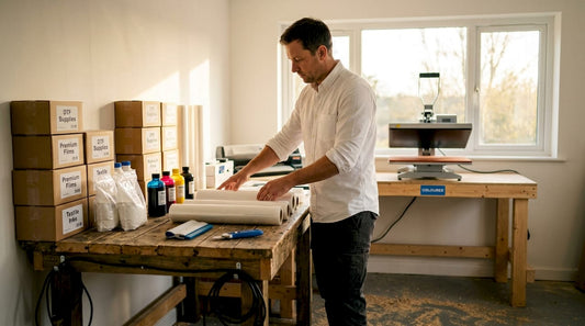 Entrepreneur preparing DTF printing supplies