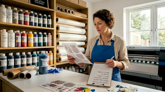 DTF print shop owner checks transfer sheet