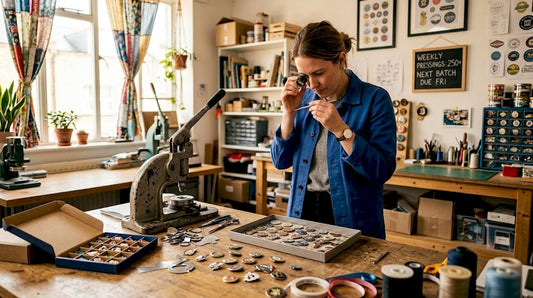 Supervisor inspecting metal badge production workspace