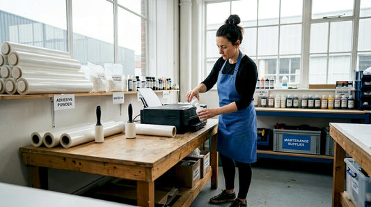 Technician refilling dtf printer in workroom