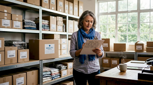 Business owner checks clipboard in stockroom