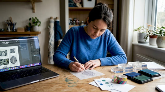 Woman sketching custom stamp design at workspace