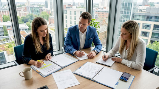 Business team reviewing supply contracts at meeting table