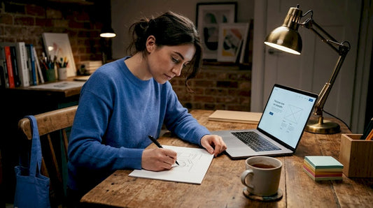 Designer sketching on blank paper in bright studio