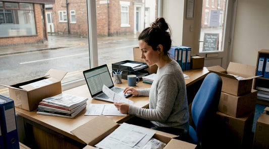 Small business owner reviewing wholesale invoices