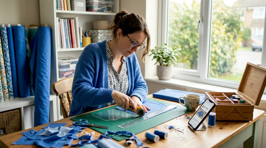 Woman crafting fabric and vinyl badge at home
