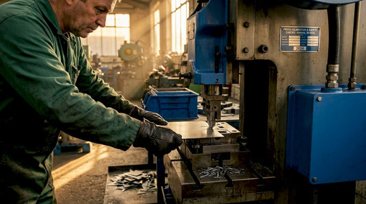 Technician operating metal stamping press machine