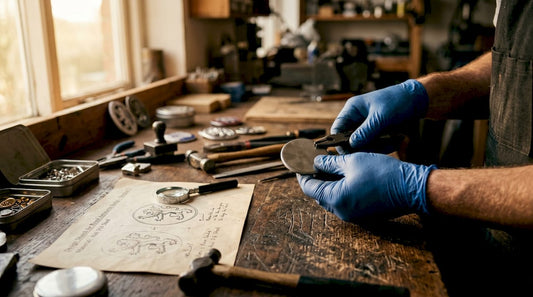 Workspace with hands crafting steel badge