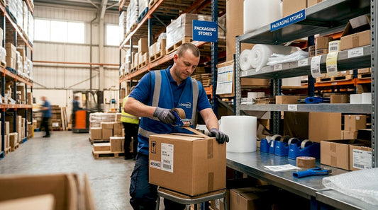 Worker packing cardboard box in warehouse