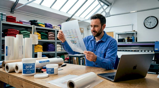 UK print business owner inspecting DTF printed film
