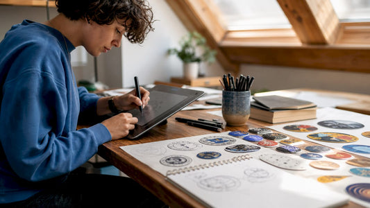 Female designer sketching badge concepts