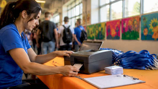 Event staff printing badges on badge machine
