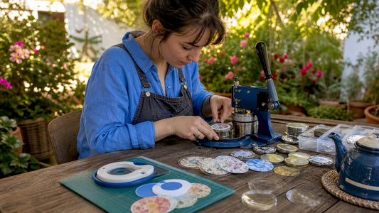 Hands assembling a personalized button badge
