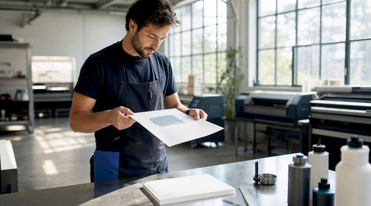 Technician examining substrate paper in print workshop