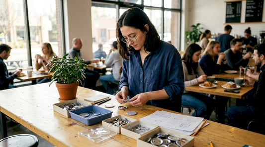 Designer sorting badge components on desk