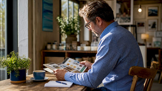 UK business owner reviewing wholesale catalogs