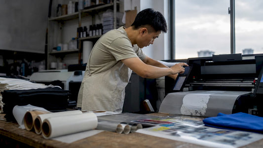 Technician operating DTF printer in print shop