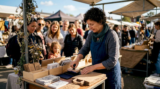 Entrepreneur using custom stamp in workshop