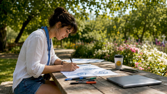 Designer sketching badge concepts at table