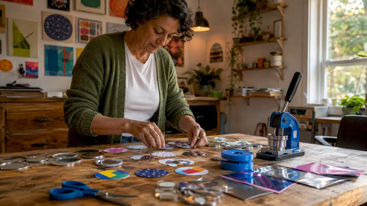 Woman sorting badge making materials at home studio