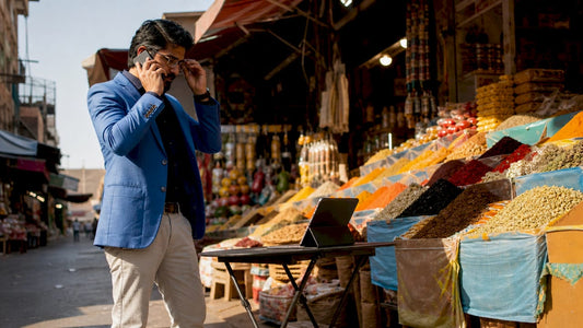 Businessman managing wholesale inventory in UK
