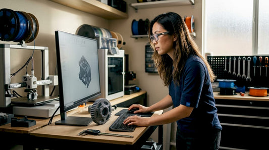 Woman adjusting 3D CAD model in bright workshop