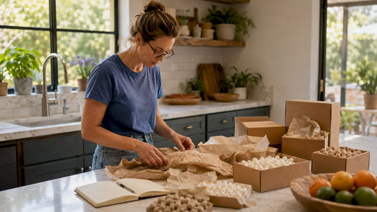 Entrepreneur choosing packaging supplies at desk