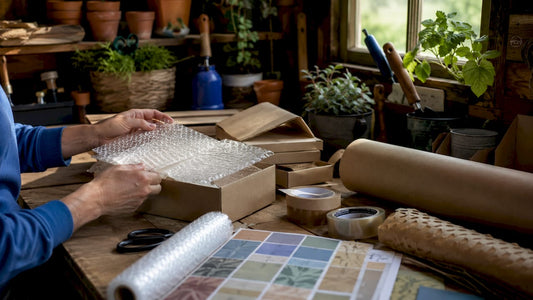 Hands sorting UK packaging supplies on desk