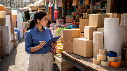 Woman inspecting packaging materials in warehouse